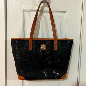 Black Dooney Bourke Tote with faux croc style and gold details red interior